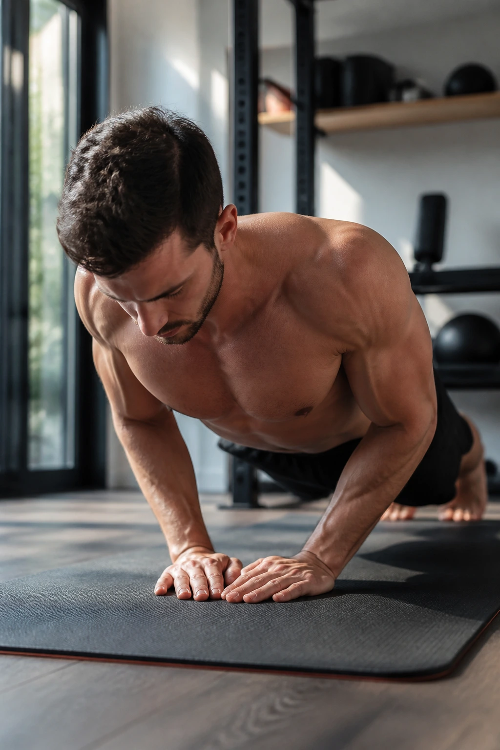 Person performing close-grip push-up focusing on triceps in home gym