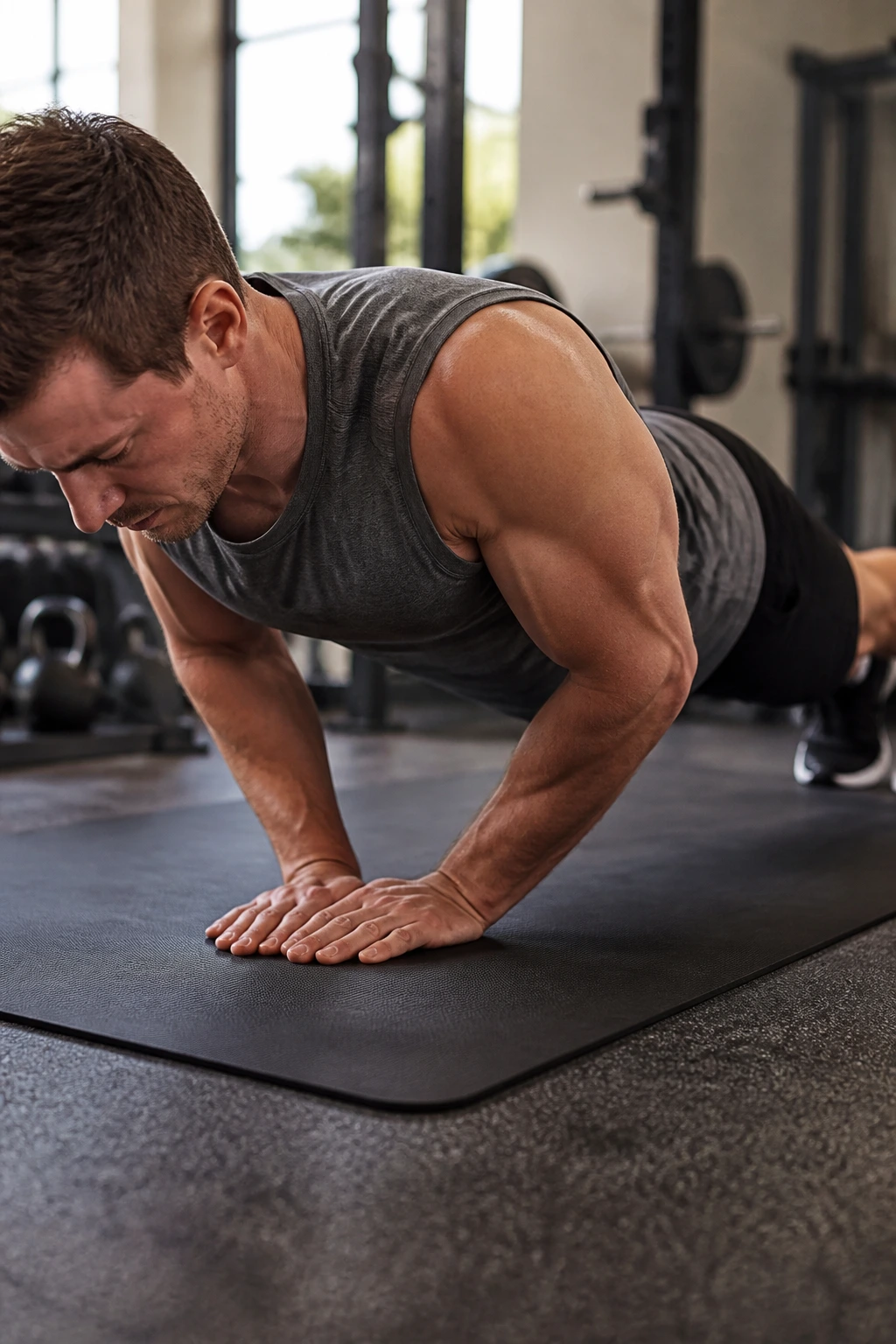 Close-up of a real person performing a close-grip push-up, elbows tucked, emphasizing triceps on a gym mat