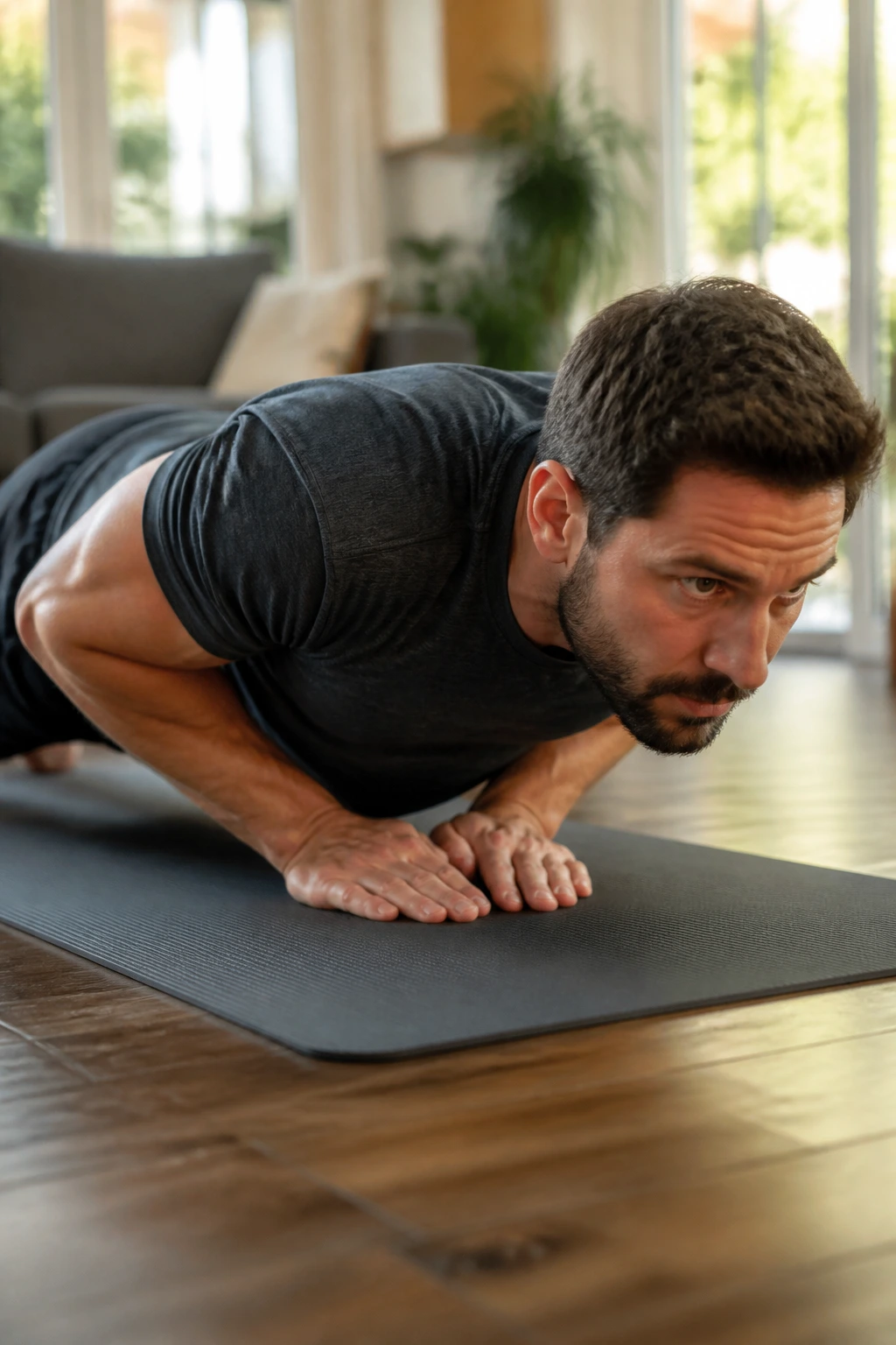 Close-up of a real person performing close-grip push-ups on a yoga mat in a home setting