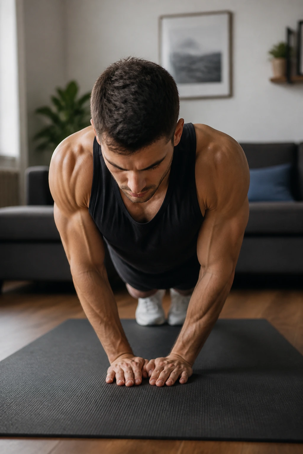 Real person performing close-grip push-ups with narrow hands and elbows tucked.