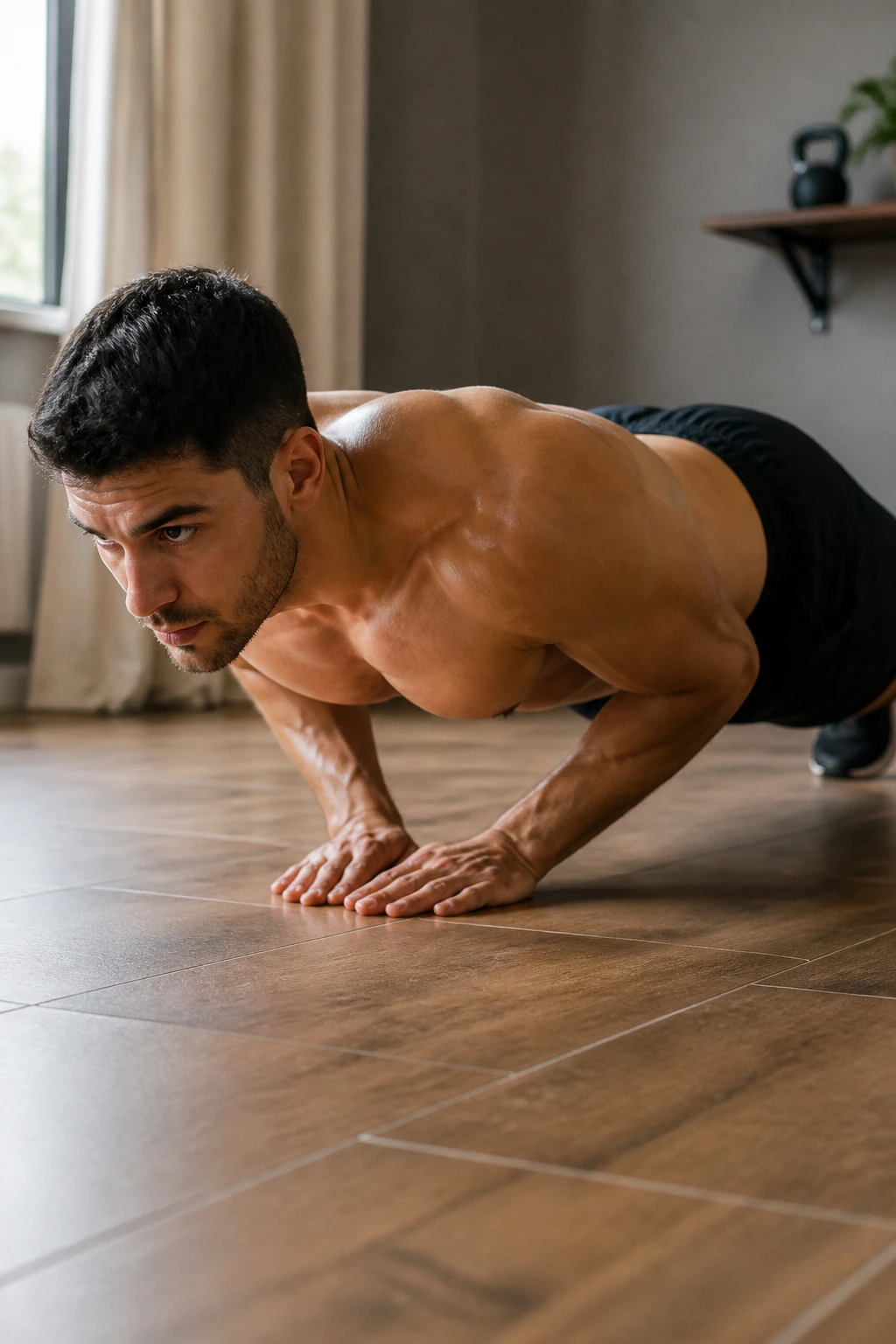 Real person doing a close-grip push-up with elbows tucked in.