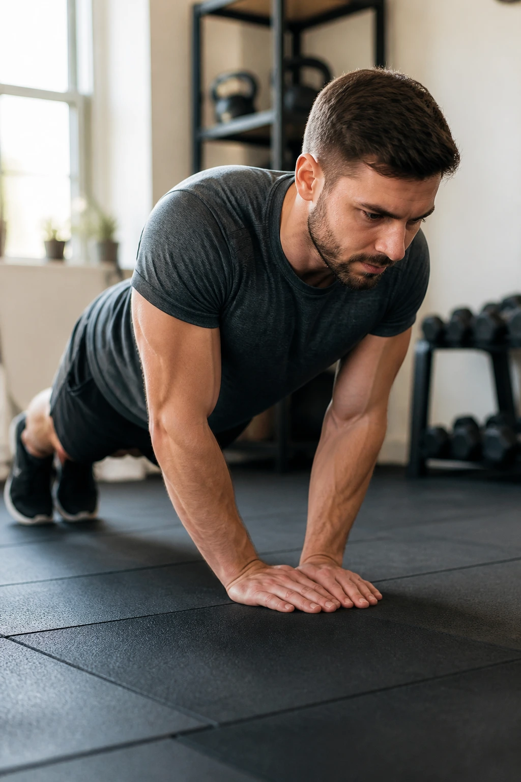 Medium close-up of a person performing close-grip push-ups with elbows in and triceps engaged