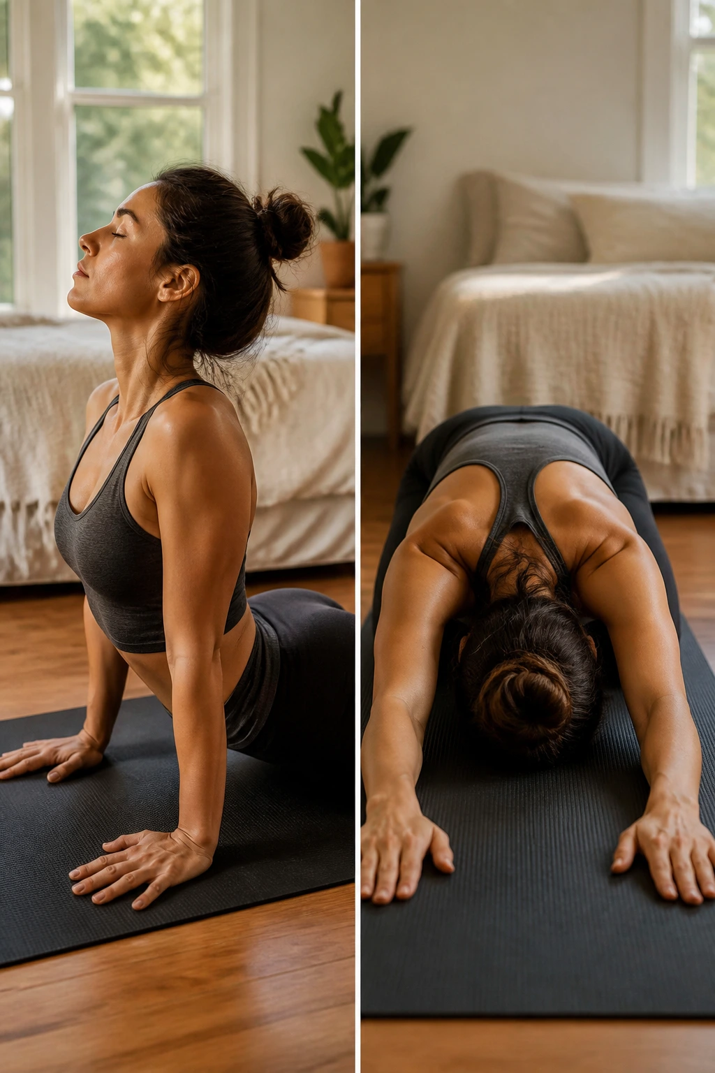 Split-frame view of Cobra Pose and Child’s Pose on a yoga mat in a sunlit bedroom