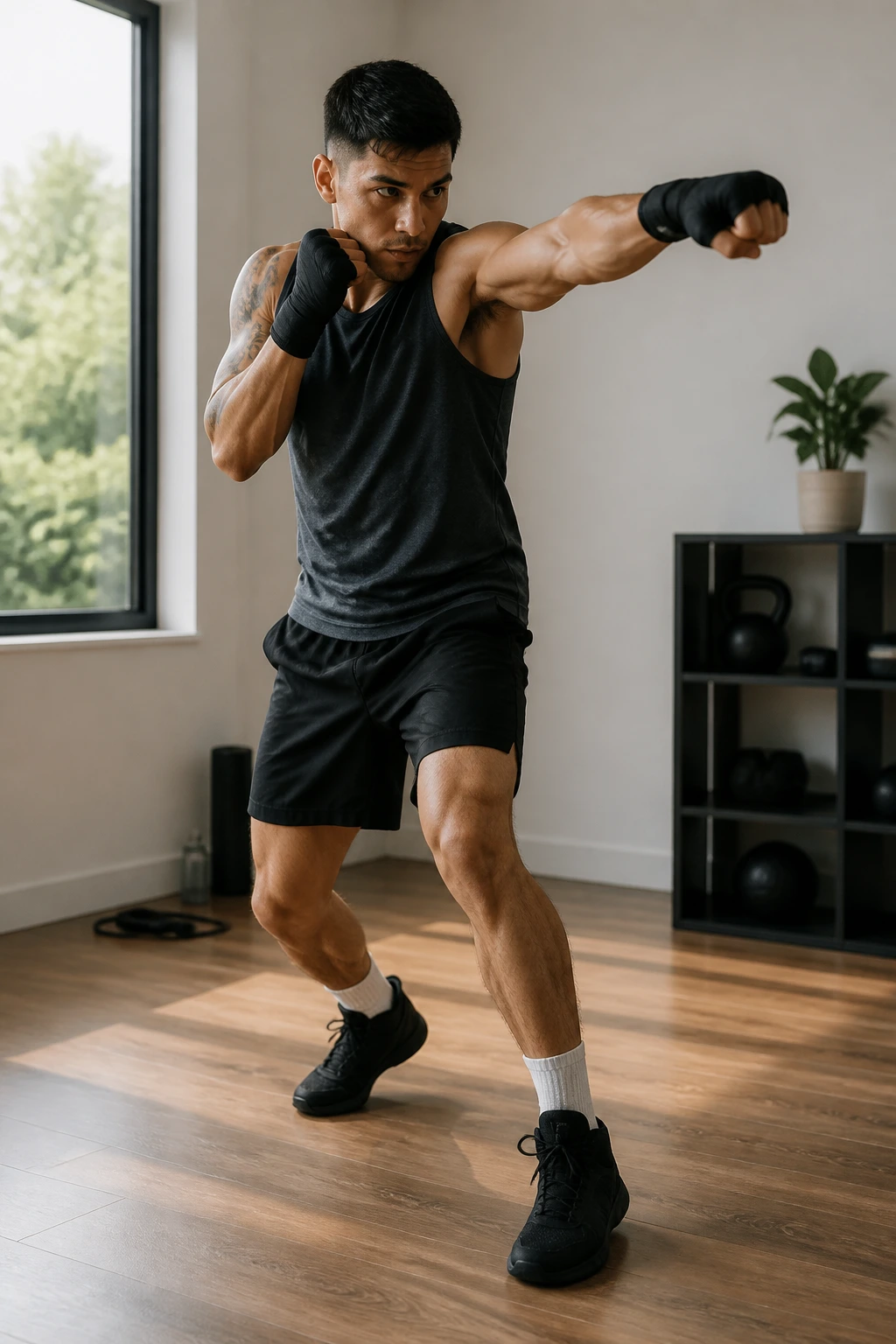 Boxer performing a combination ladder in a home gym