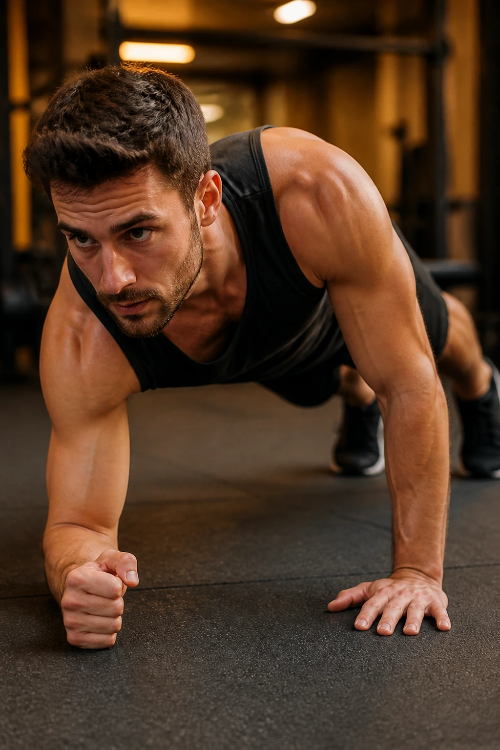 Person performing commando climbers in a forearm plank transition in a gym