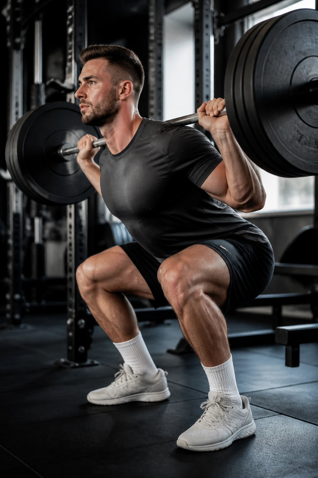 Lifter performing a squat with a barbell, showcasing multi-joint movement