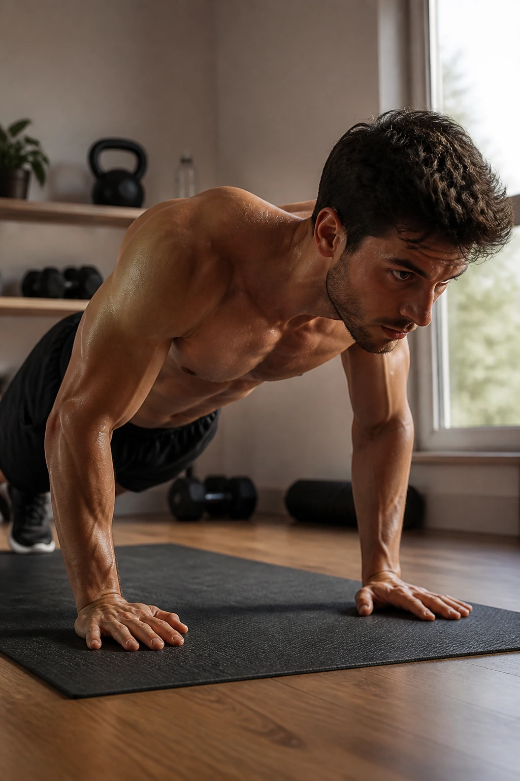 Person performing a compound movement in a home gym on a mat