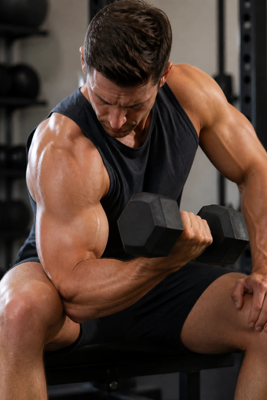 Close-up concentration curl with focused expression in gym.