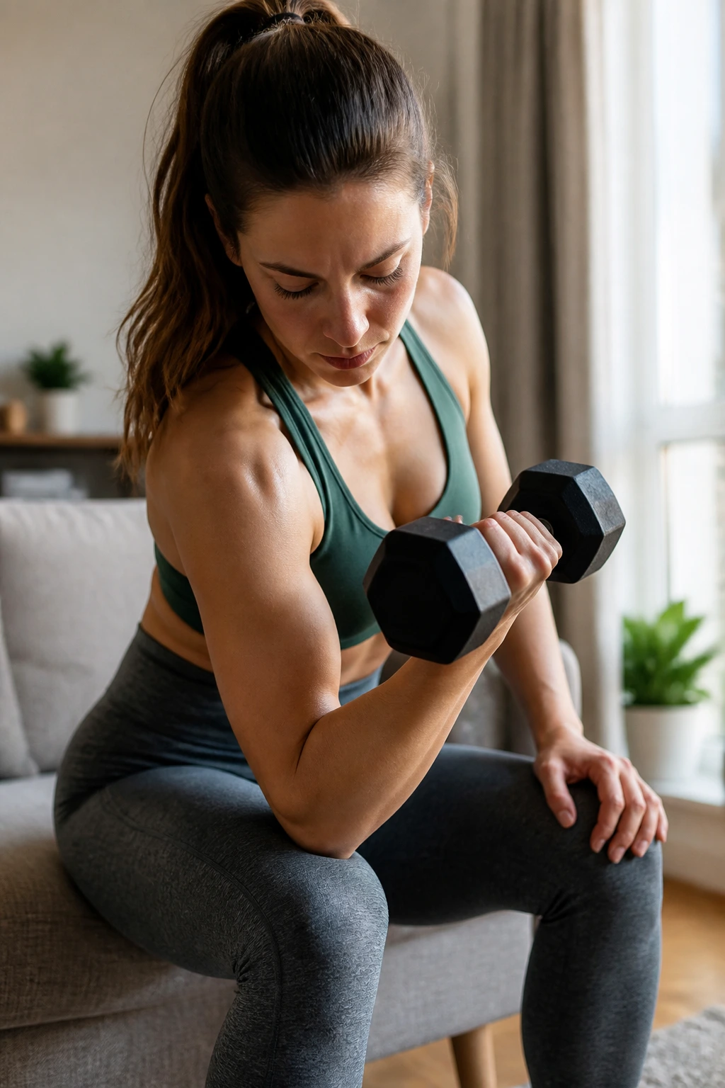 Close-up of a real woman doing a concentration curl at home