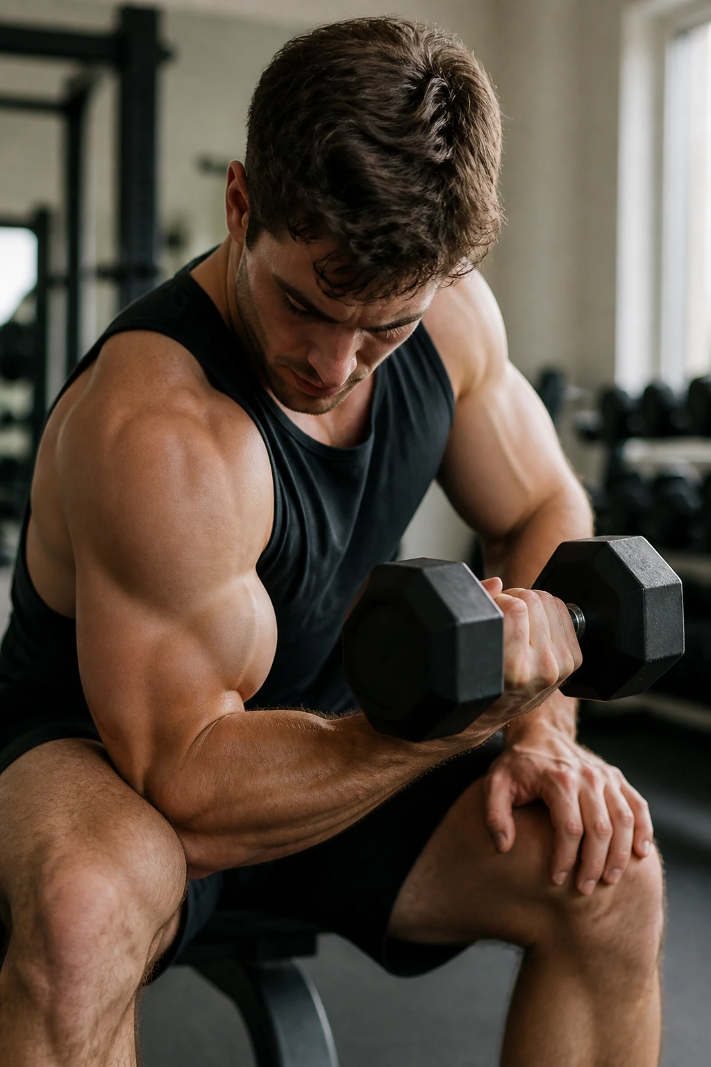 Concentration curl close-up of arm braced on thigh curling a dumbbell
