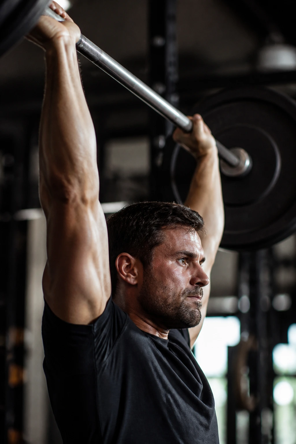 Lifter in concentric lifting phase pushing barbell upward