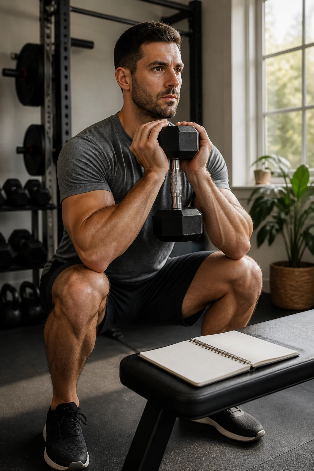 Medium shot of a person performing goblet squat in a home gym with a blank logbook beside them, symbolizing a repeatable consistency plan