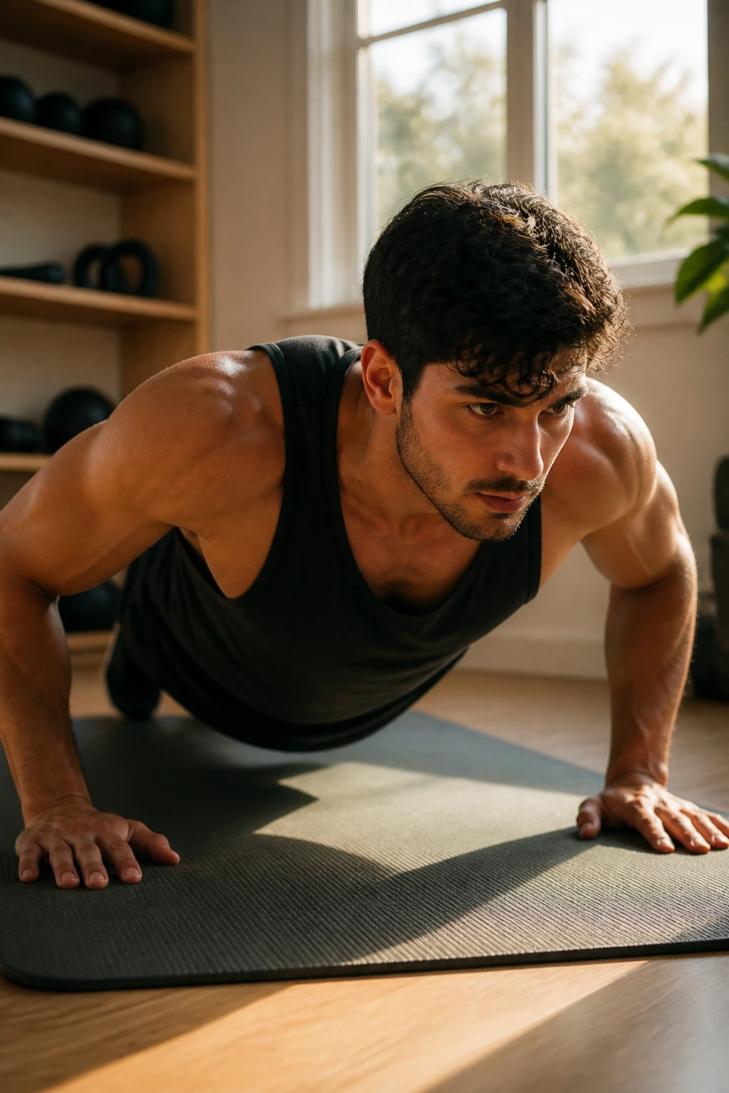 Close-up of a real person doing a push-up in a sunlit home gym to convey consistency.