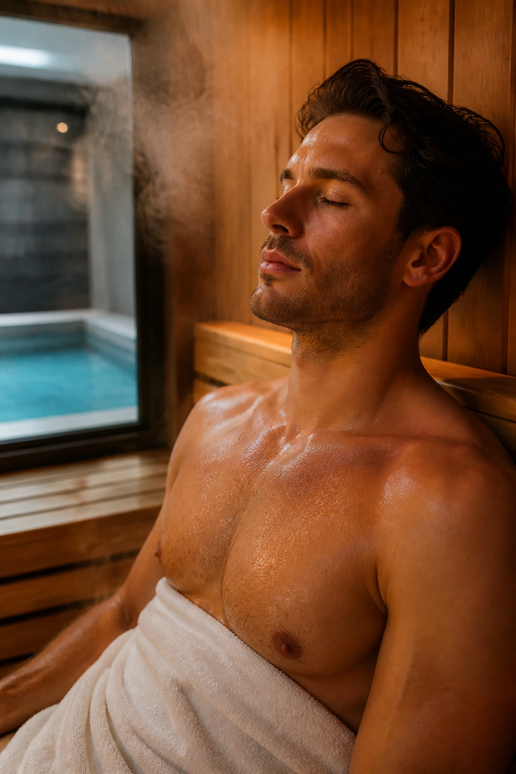 Portrait of a person in a sauna with steam and a hint of a cold plunge in the background.