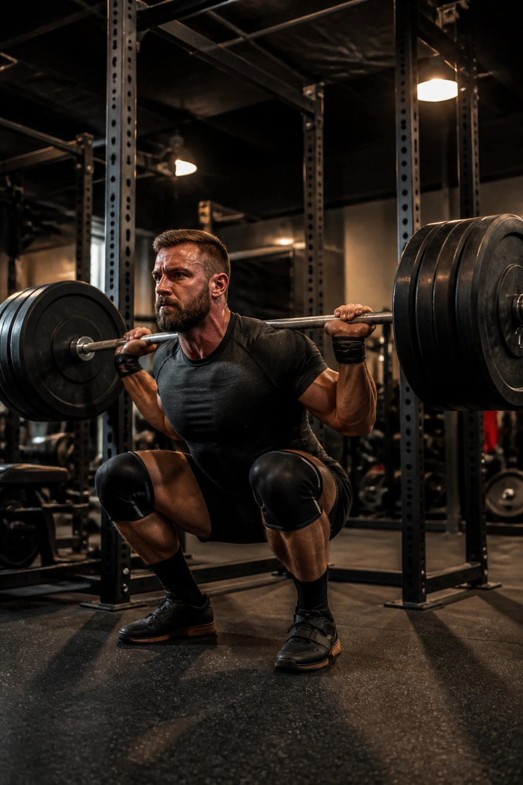 Lifter performing heavy back squat in gym, bottom position with barbell