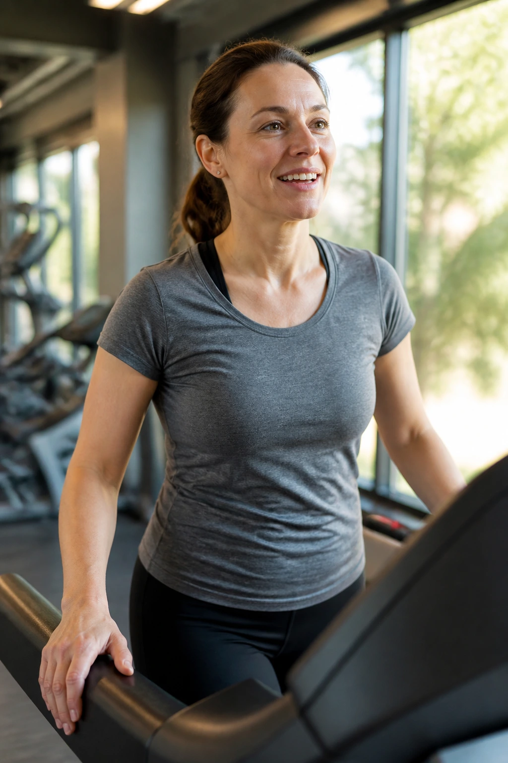 Medium close-up of a person on a treadmill maintaining a conversation pace in a sunlit gym