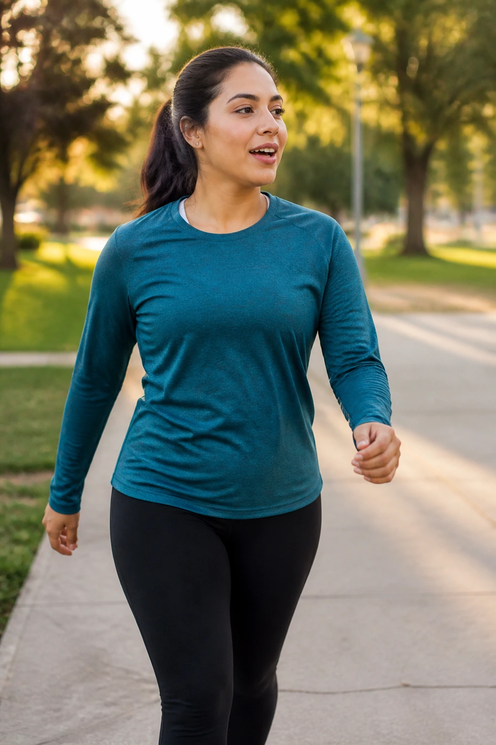 Three-quarter view of a real person walking at a conversational pace