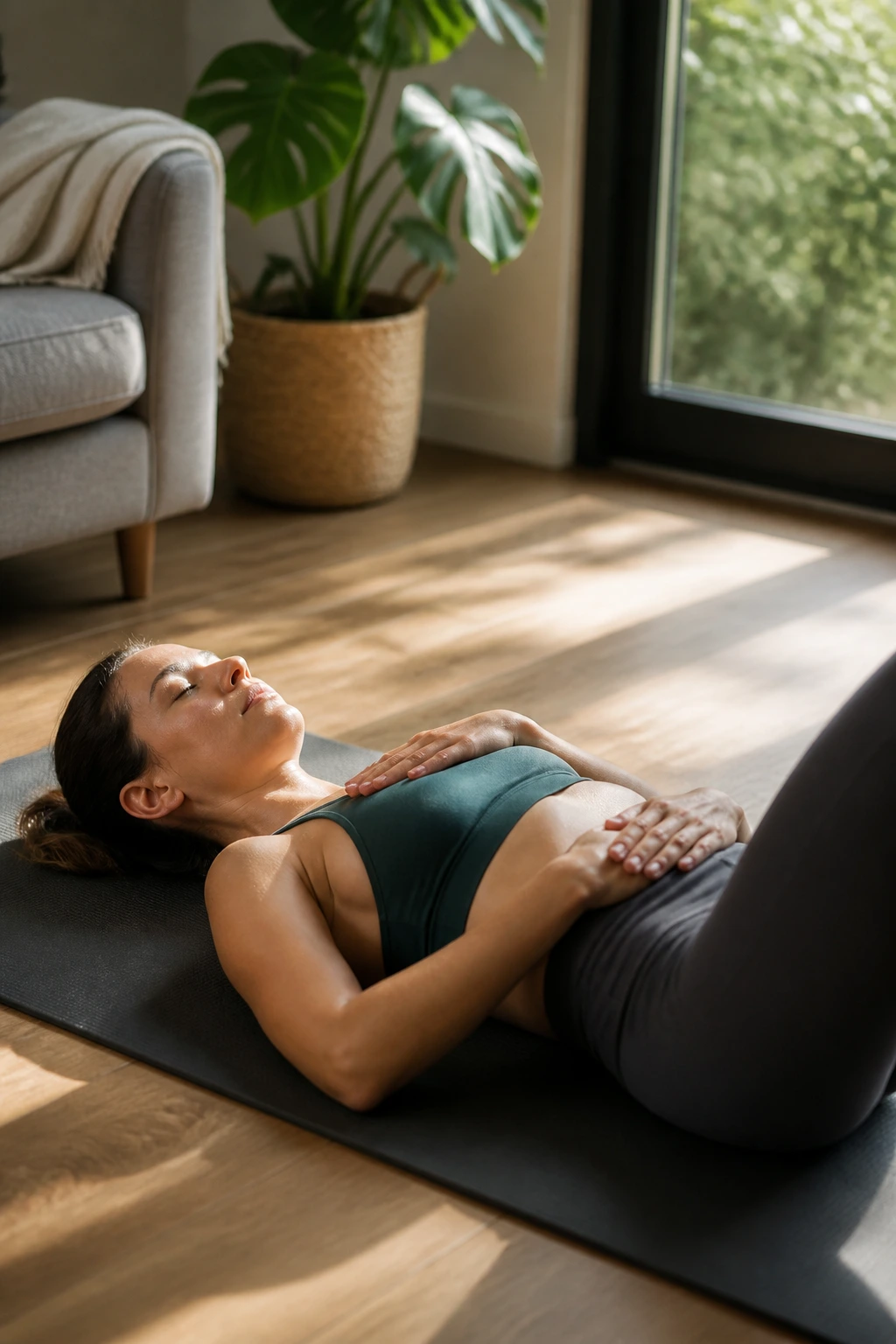Person lying on back doing deep breathing cooldown