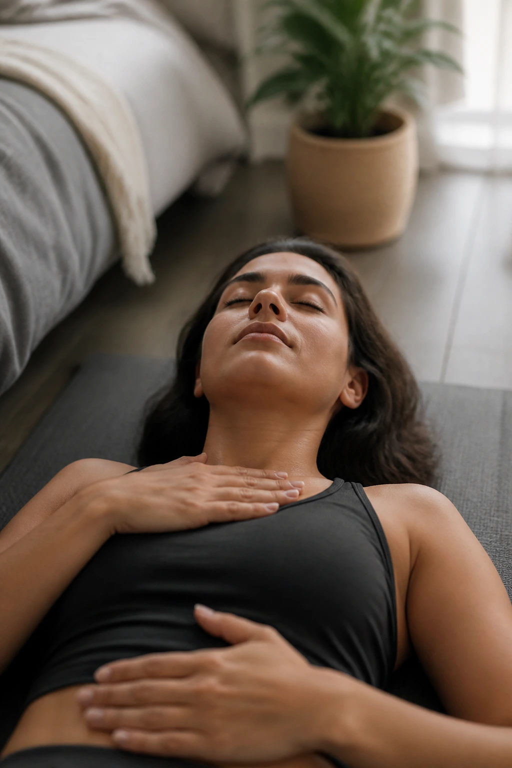 Person lying on back on a mat practicing deep breathing after a workout