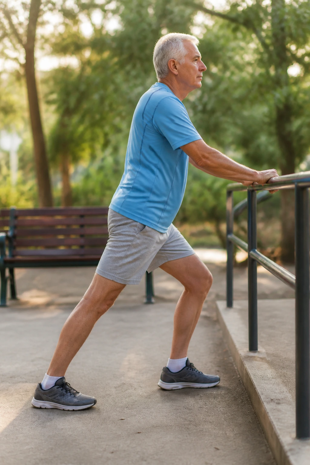 Senior performing calf stretch against a park rail during cooldown in an outdoor park