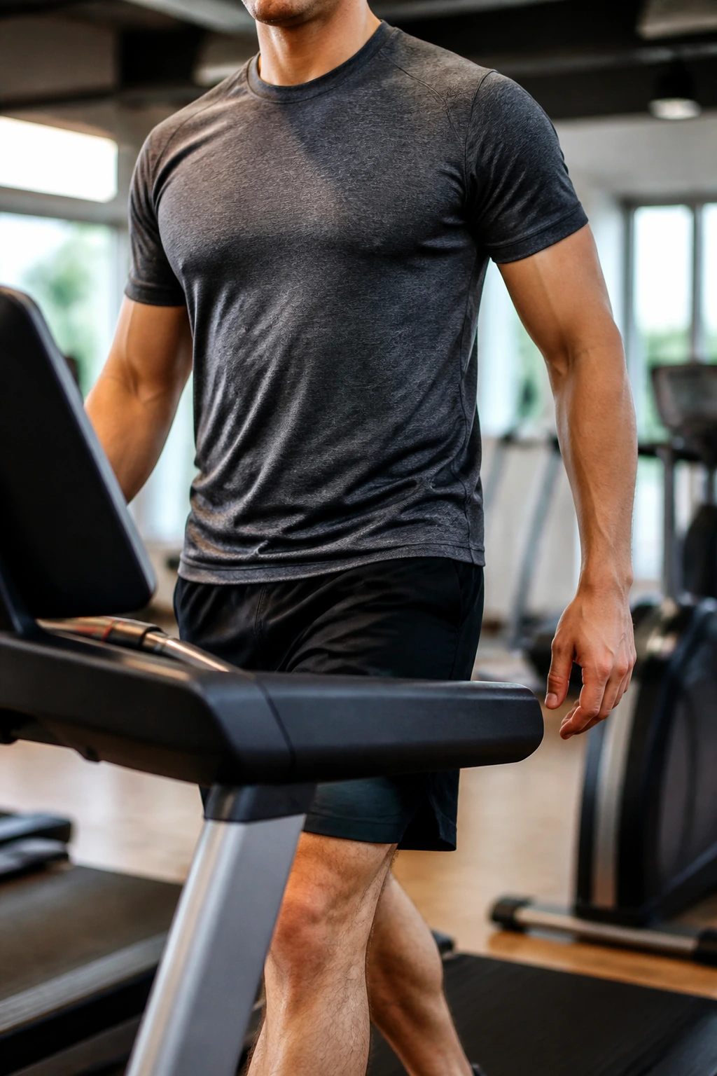 Close-up of a person walking on a treadmill during cooldown in a gym