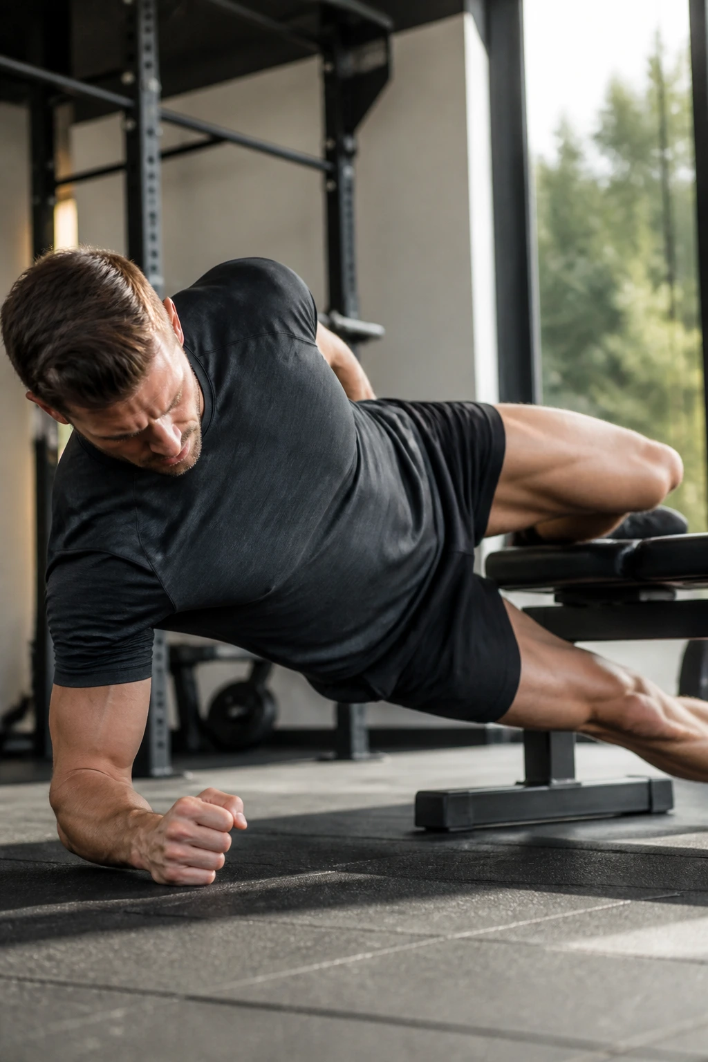 Copenhagen plank side plank with knee on bench showing adductor engagement