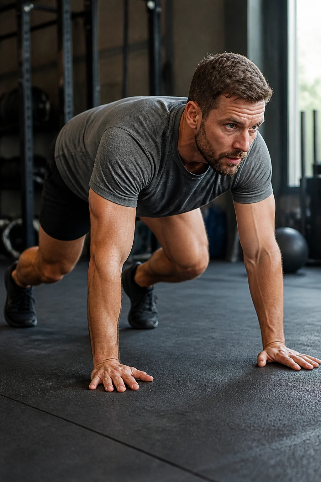 Person in bear crawl position on gym mat highlighting core bracing