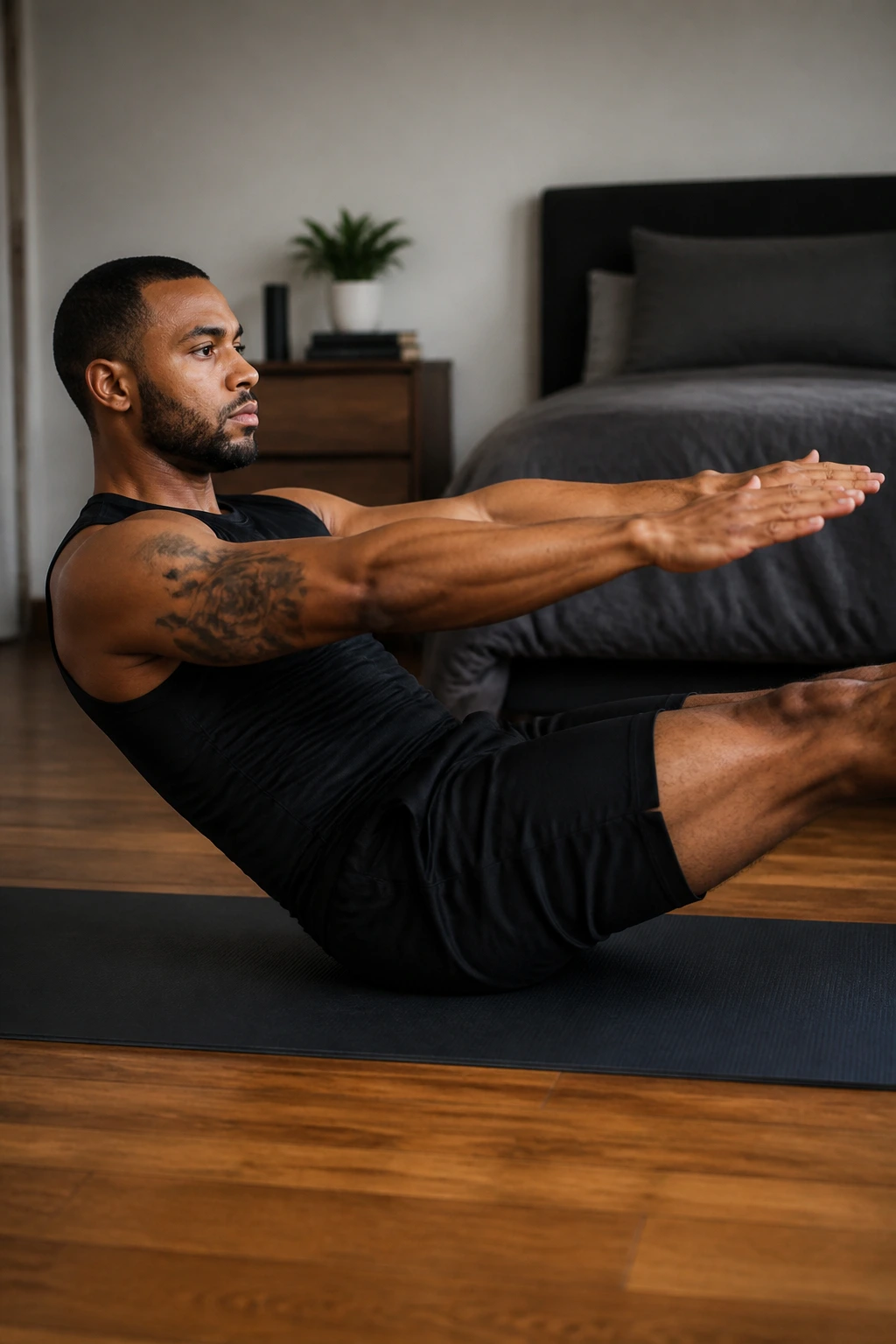 Person performing hollow body hold on a mat