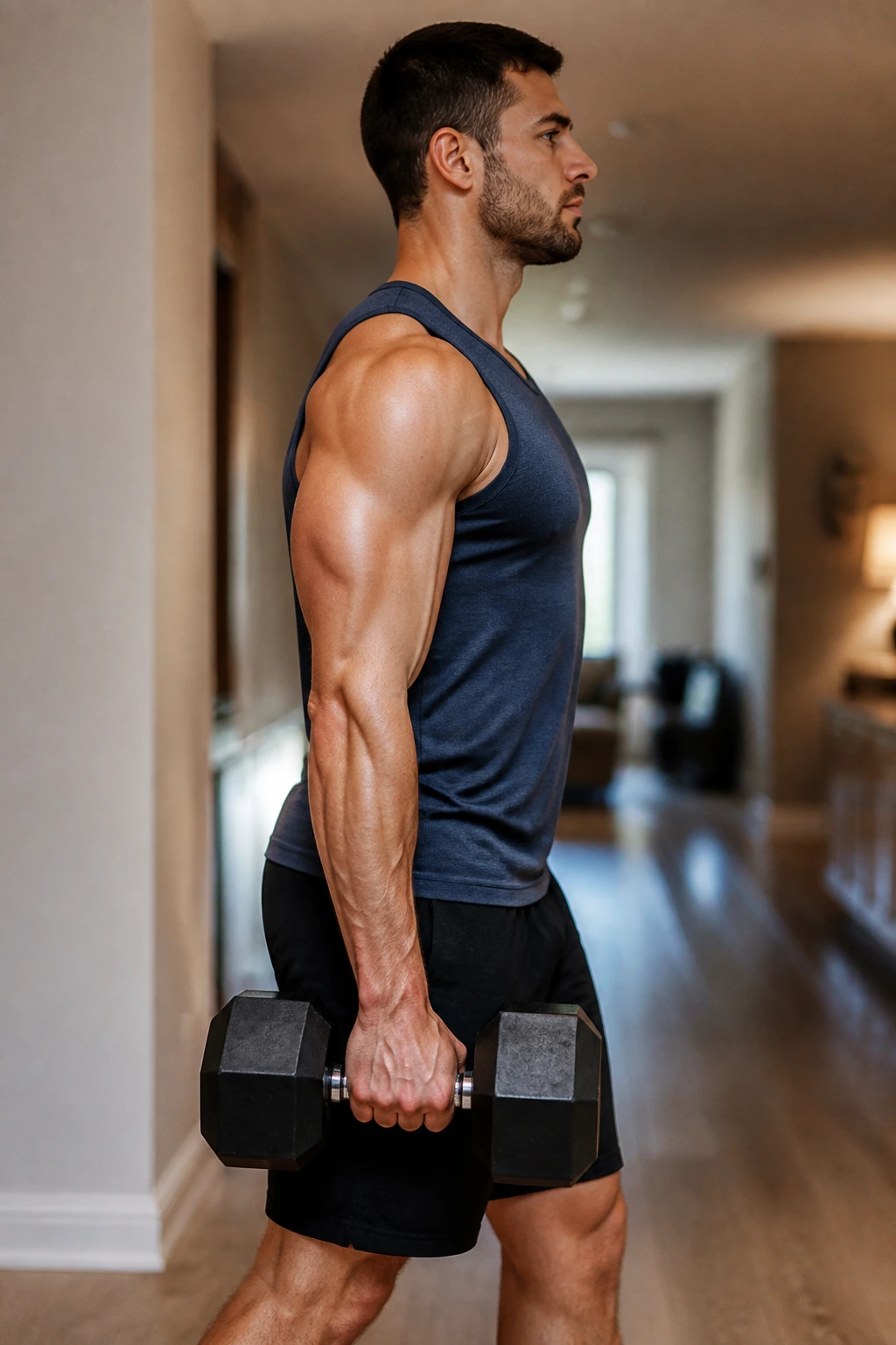 Medium-close shot of a person carrying a dumbbell in one hand with a braced core in a home hallway.