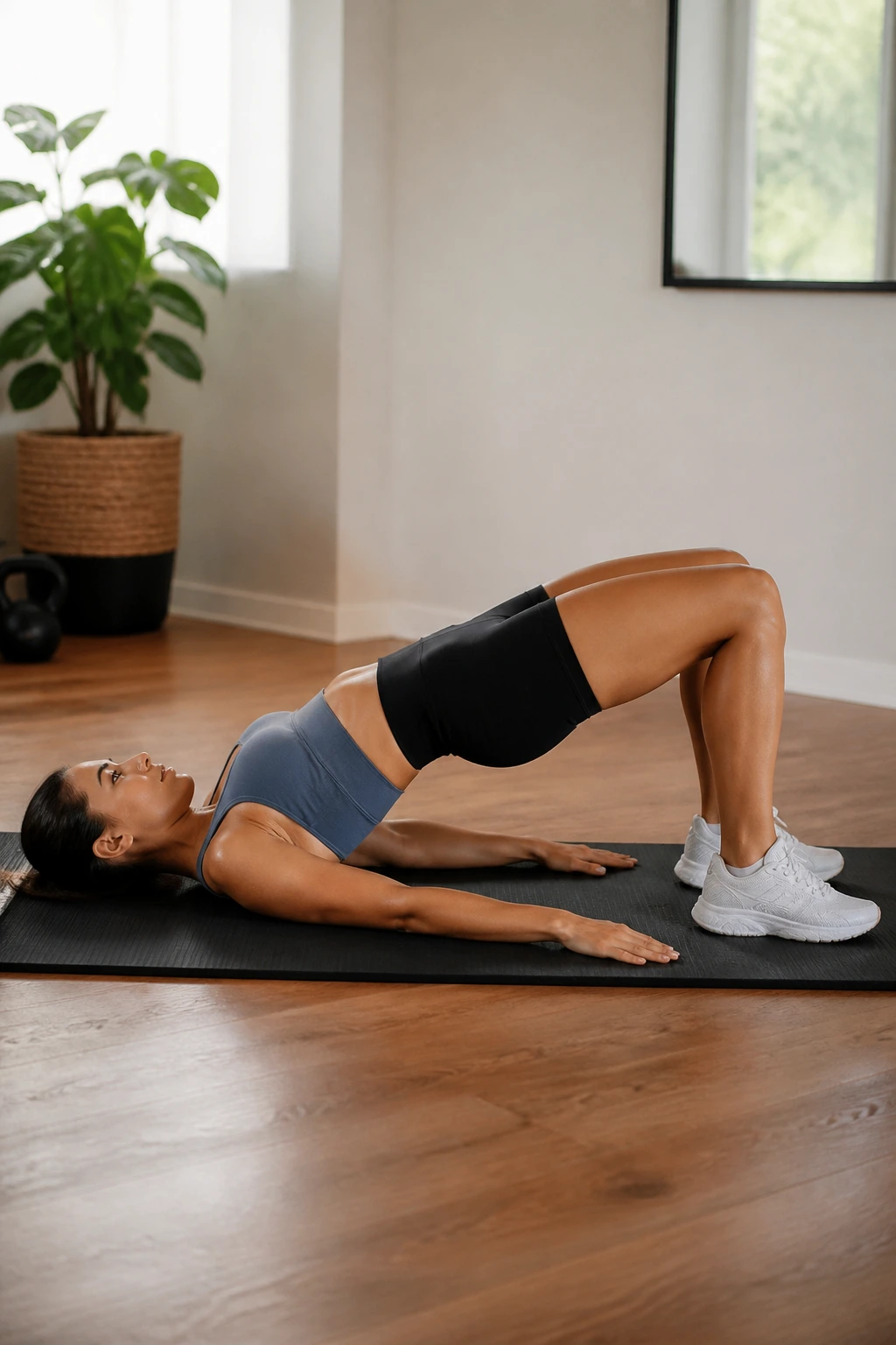 Close-up of a person in a glute bridge on a mat, core engaged
