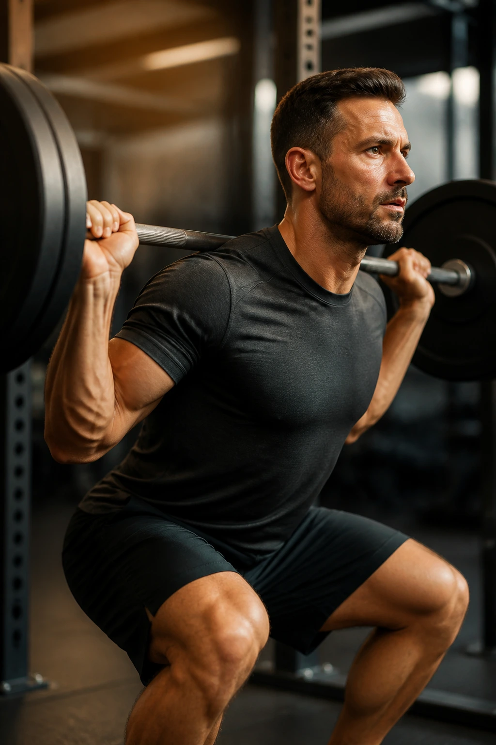 Lifter performing a squat with barbell, torso and arms in focus