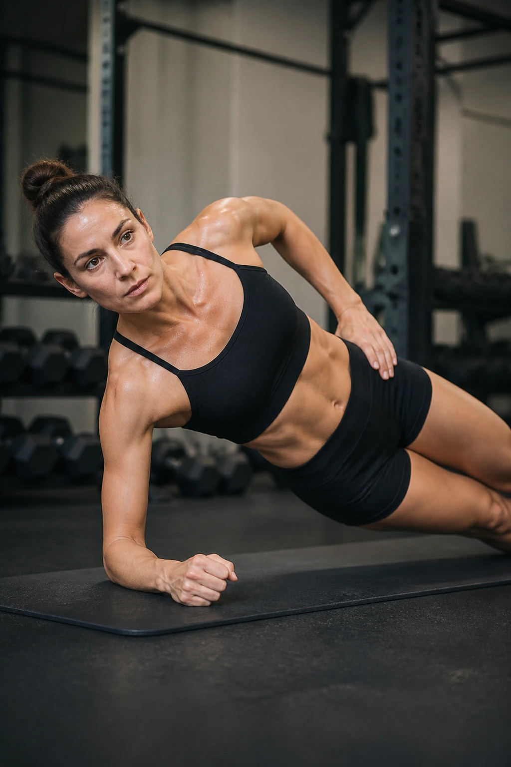 Side-plank exercise on a gym mat focusing on core and posture