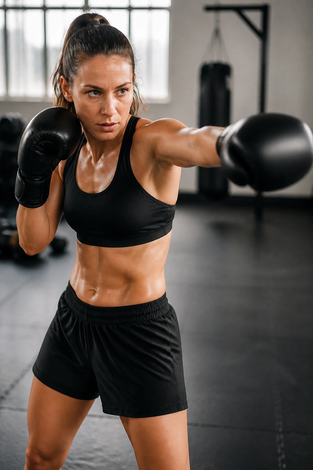 Real female boxer performing a core-engaged punch exercise in a gym.