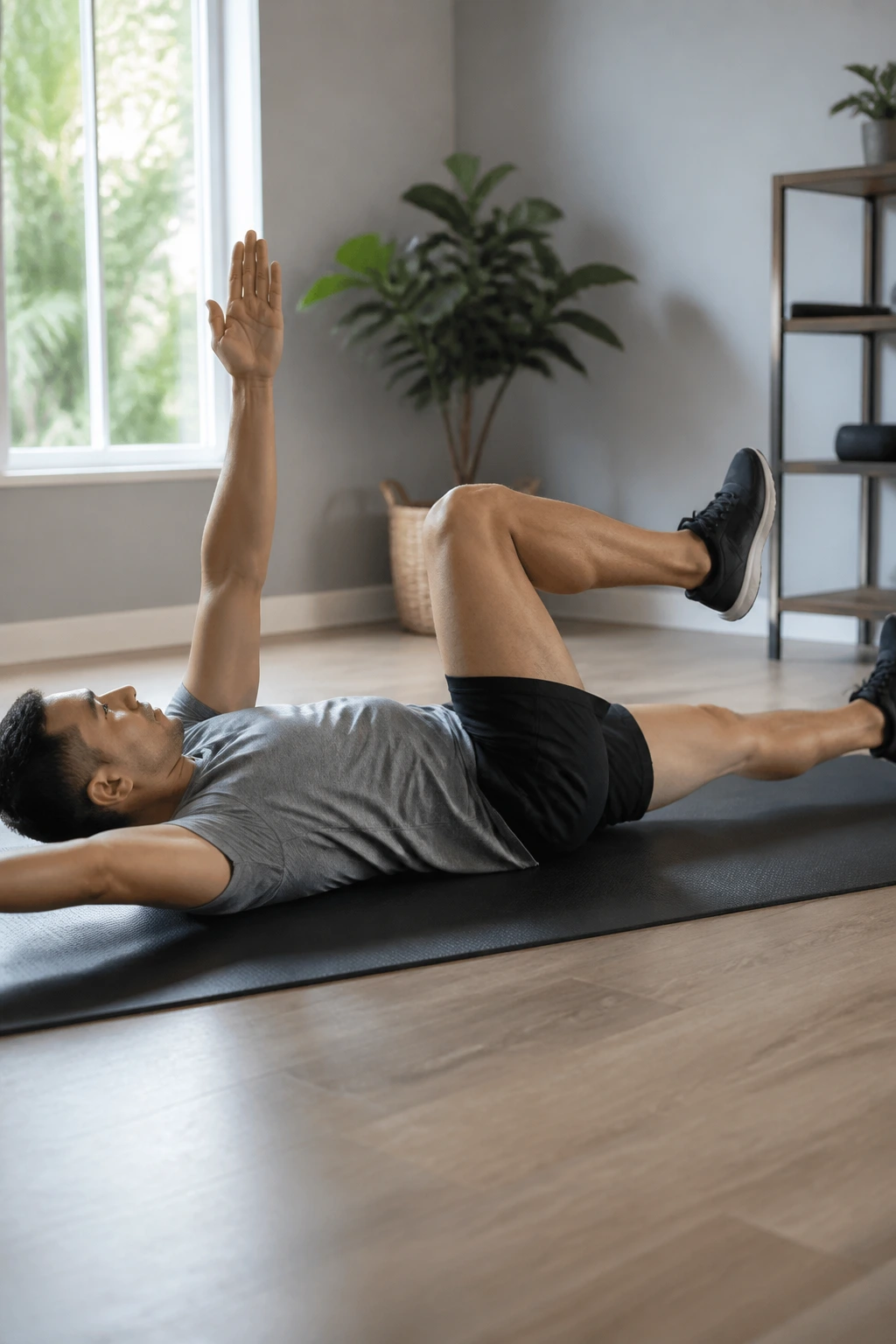 Real person performing a dead bug for core and posture reset at home.