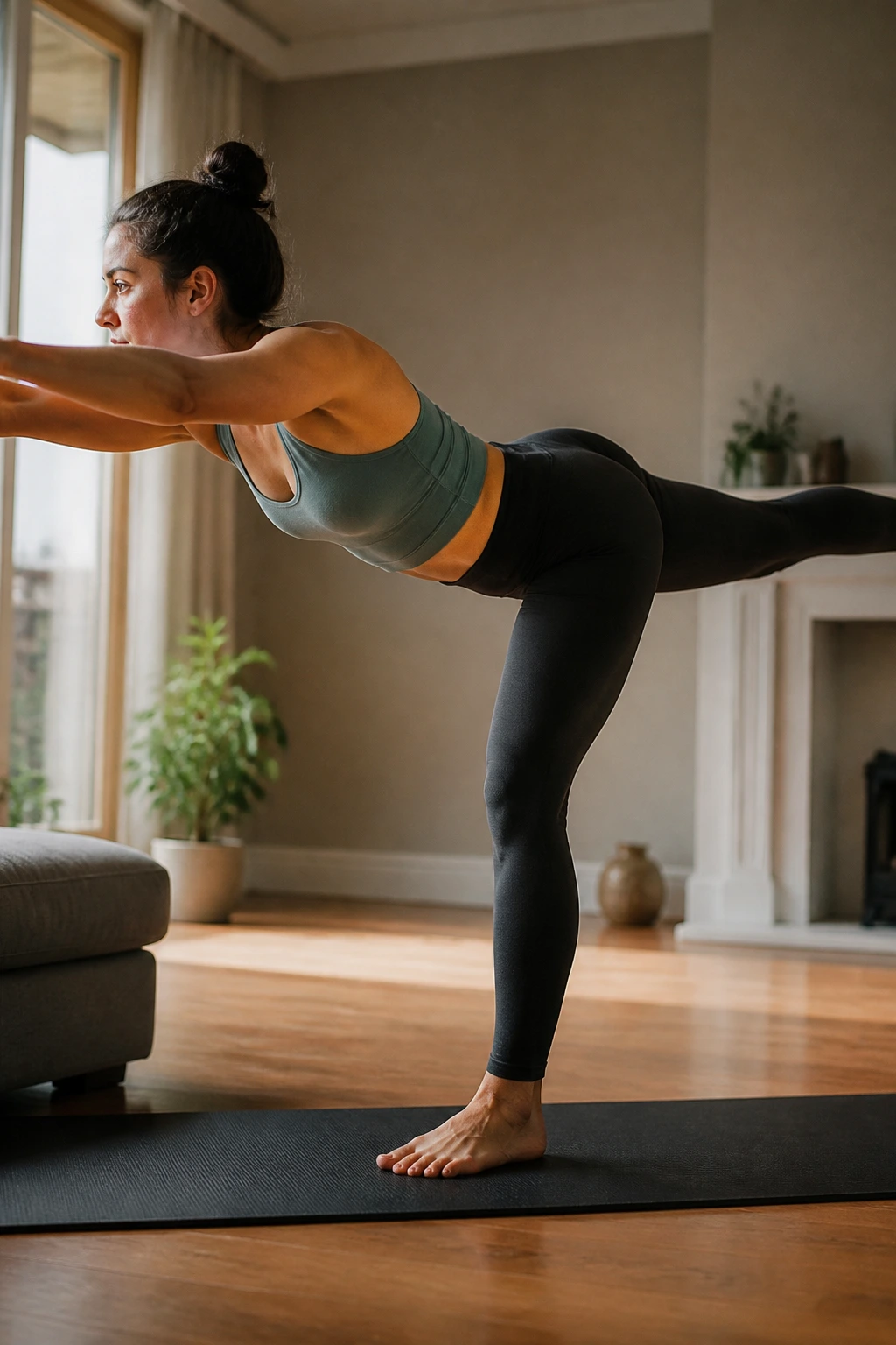 Close-up of a person in Warrior III showing core strength in a home yoga space