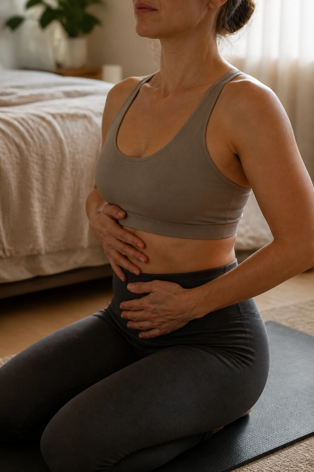 Close-up of a real woman practicing diaphragmatic breathing on a yoga mat to rebuild core and pelvic floor
