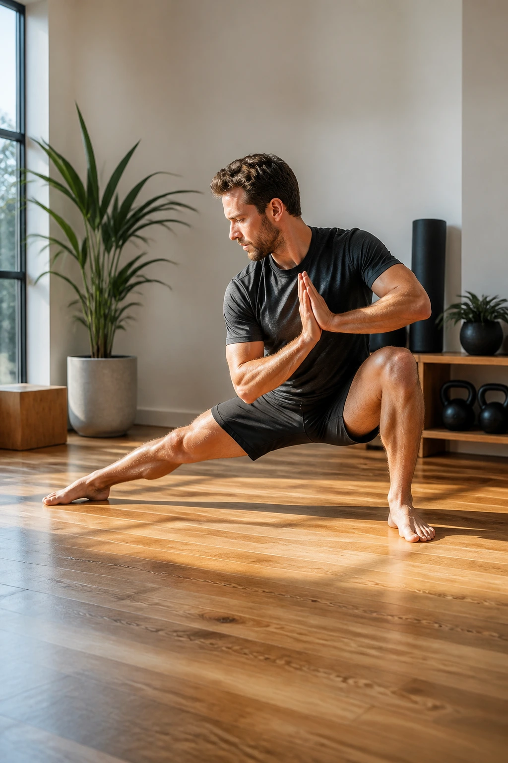 Medium-full shot of a person performing Cossack to Lunge Flow in a sunlit home gym.