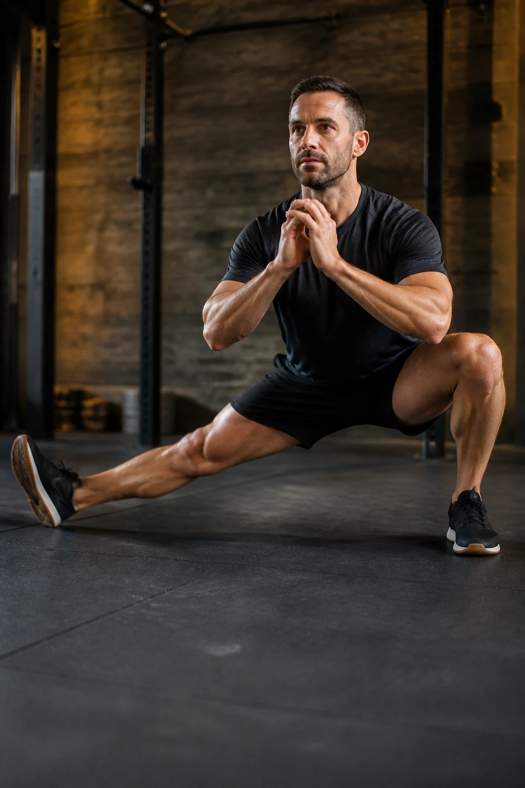 Person in a Cossack squat hold demonstrating hip mobility and balance