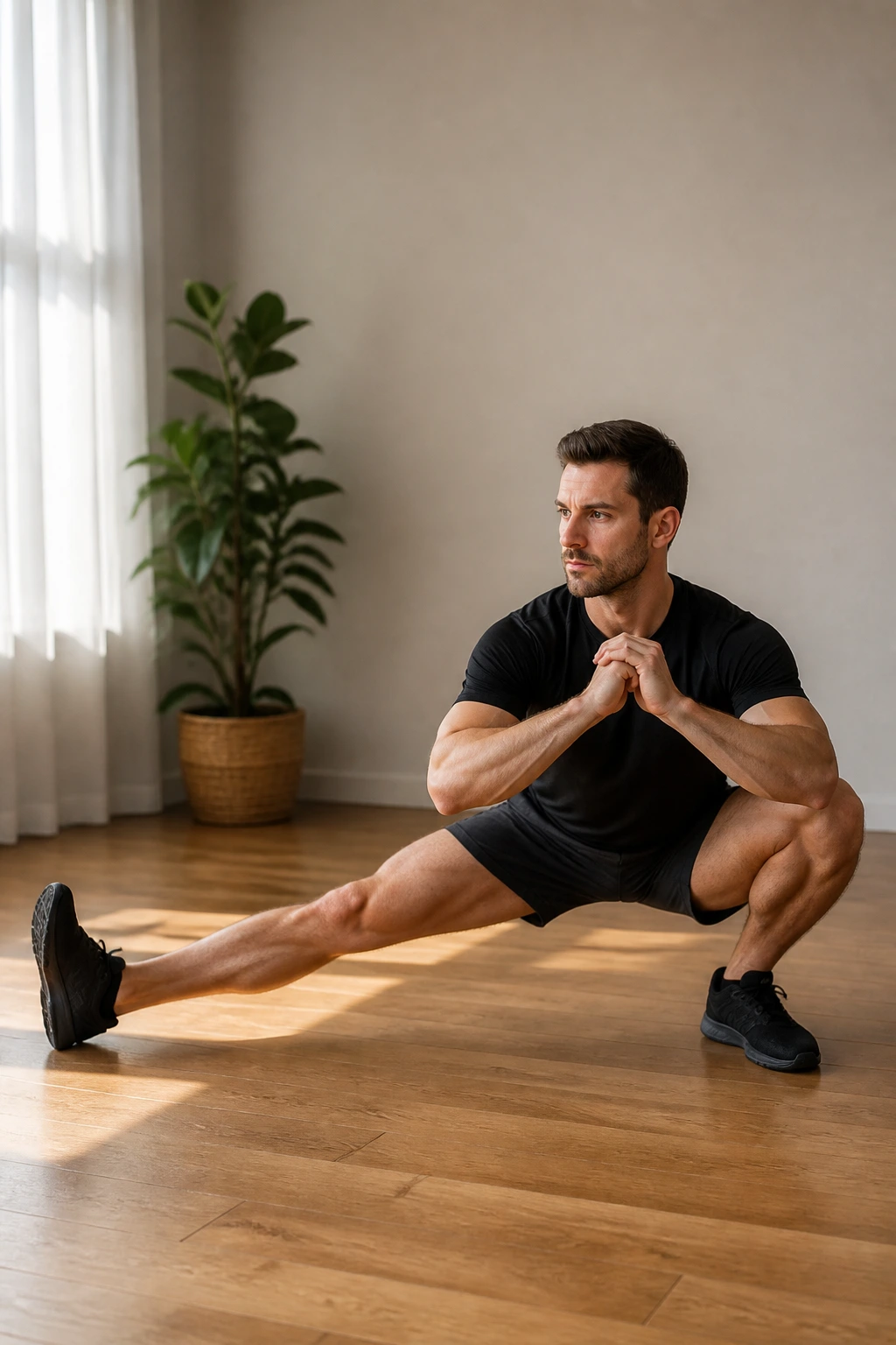 Mid-shot of a person in a deep Cossack squat performing a side lunge