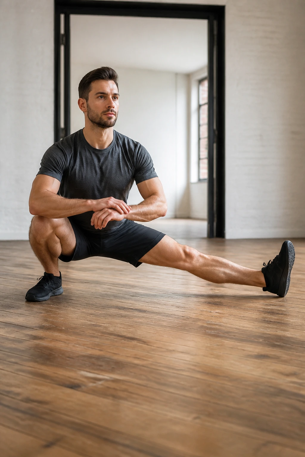 Real person performing a deep Cossack squat in a bright gym setting.