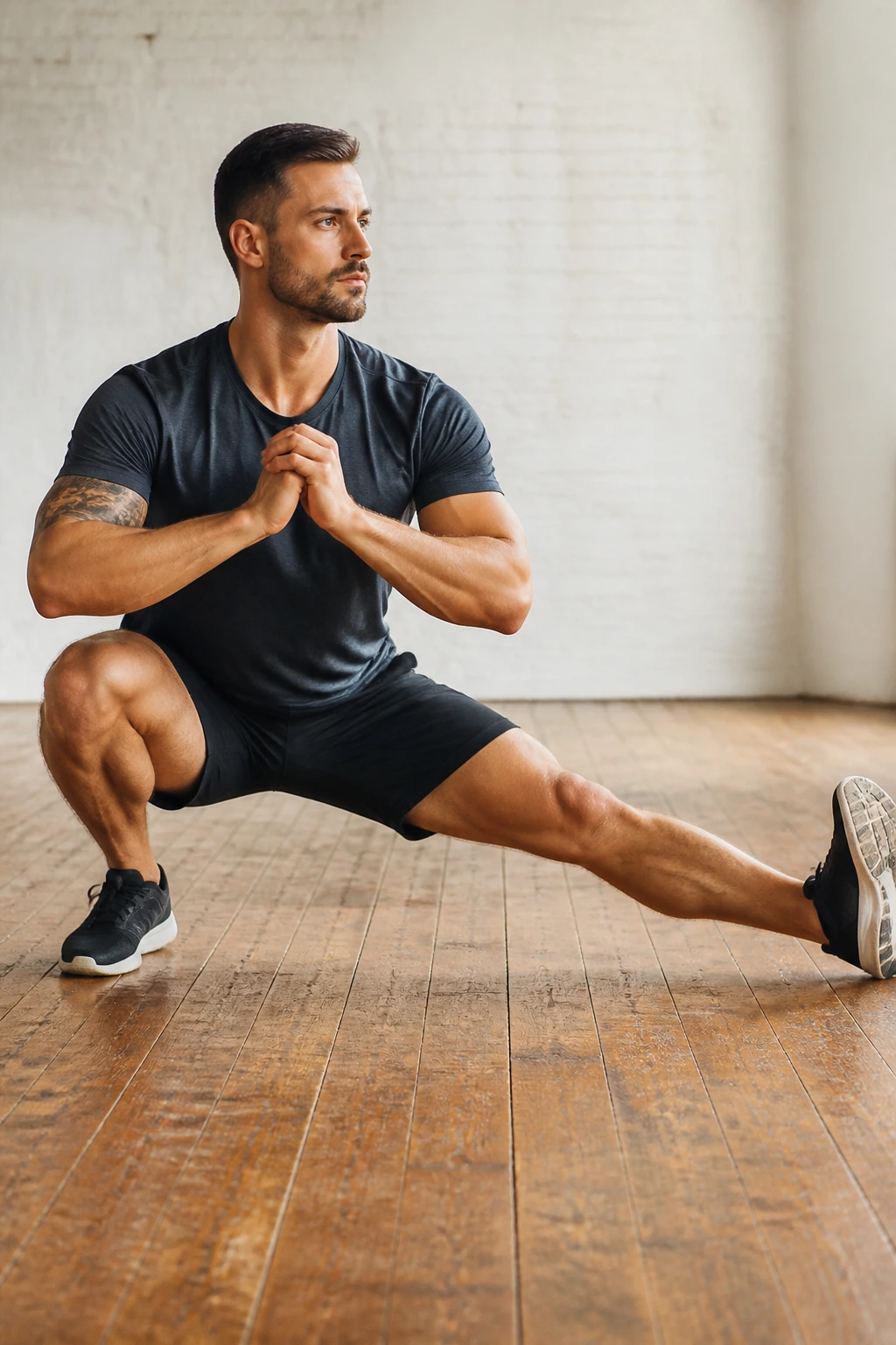 Person performing a Cossack squat with wide stance