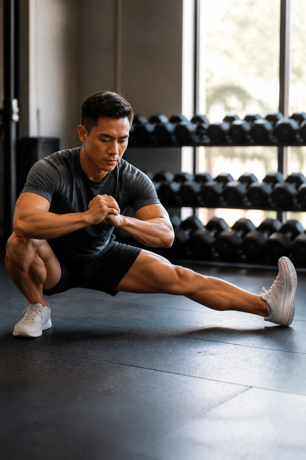 Close-up of a real person performing a deep Cossack squat in a gym, hip opening and ankle mobility emphasized