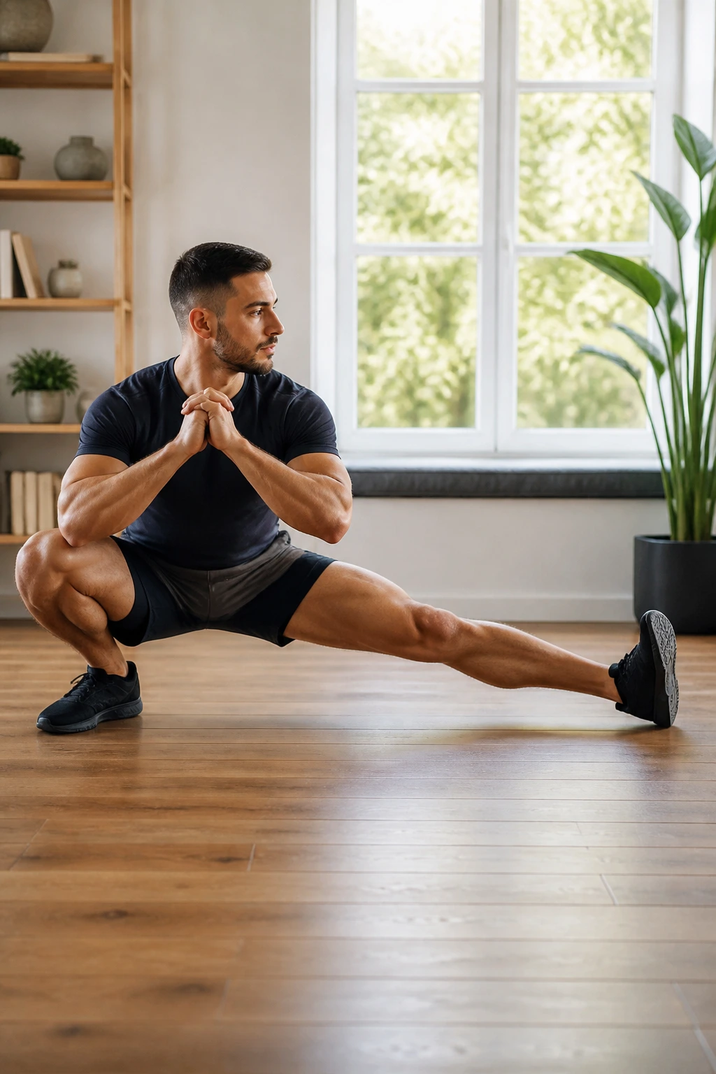Real person doing a Cossack squat with knee bent and heel planted