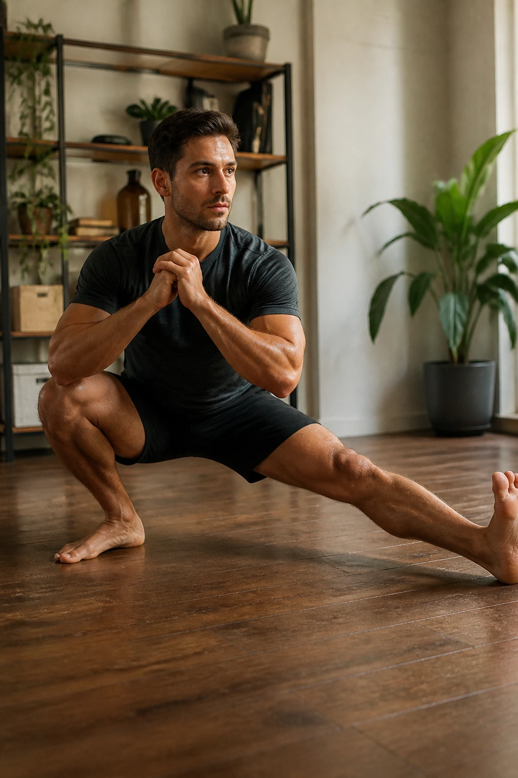 Person performing a Cossack squat with one knee bent and the other leg straight