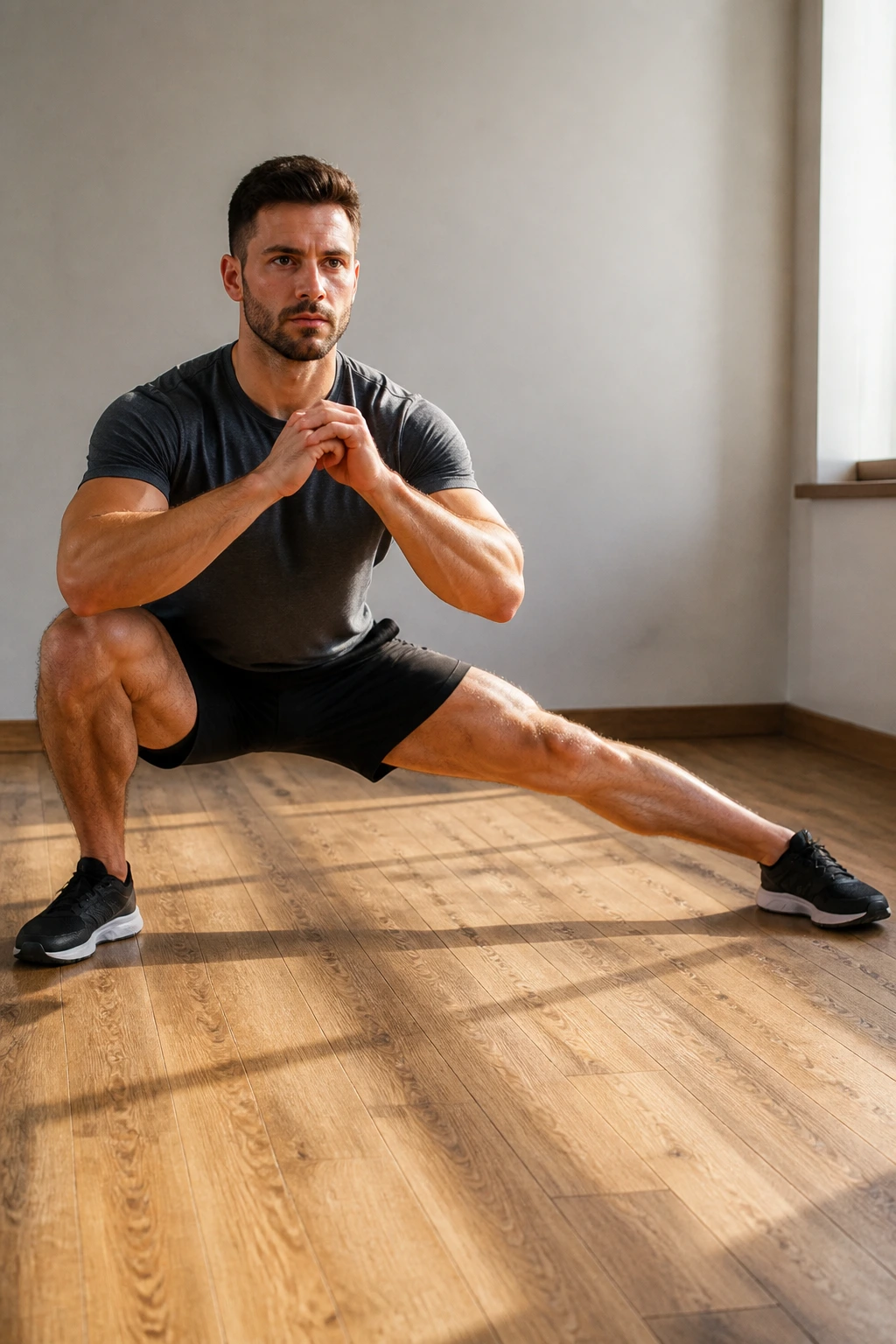 Person performing a wide-stance Cossack squat in a home setting.