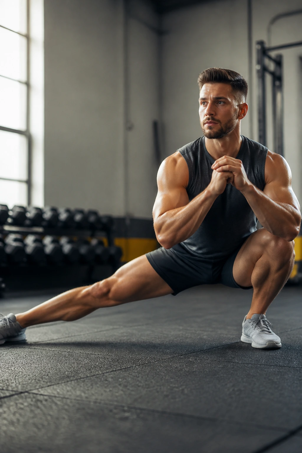 Close-up of athlete performing Cossack squats with wide stance in gym