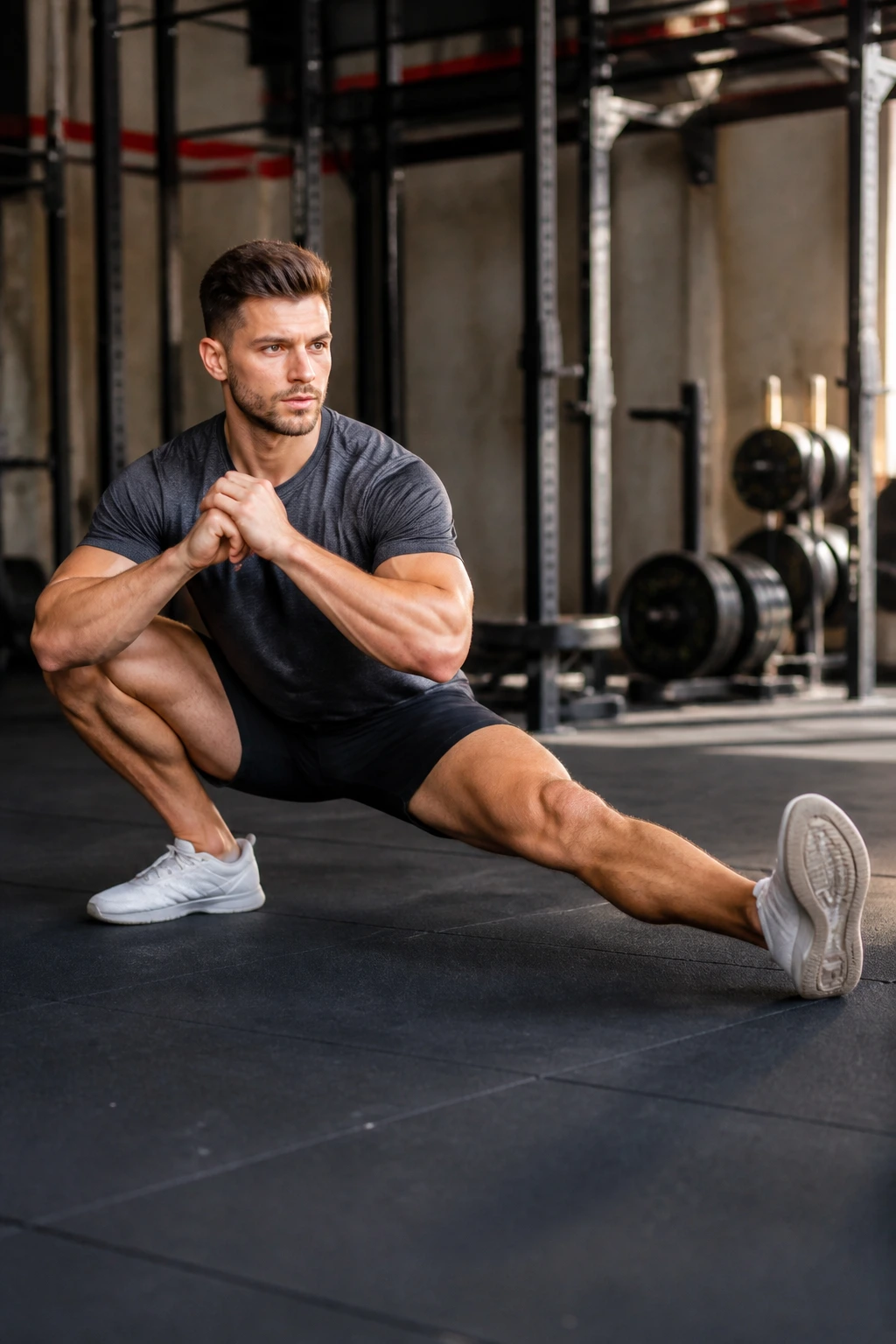 Athlete performing a Cossack squat in gym with deep side lunge
