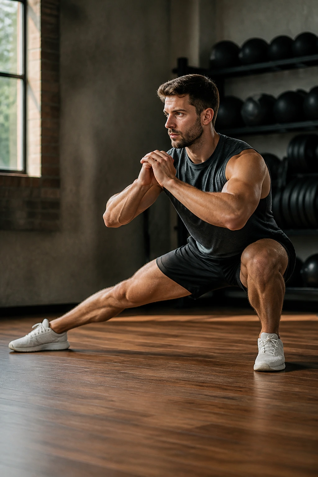 Medium close-up of a real athlete performing a Cossack squat in a gym corner.