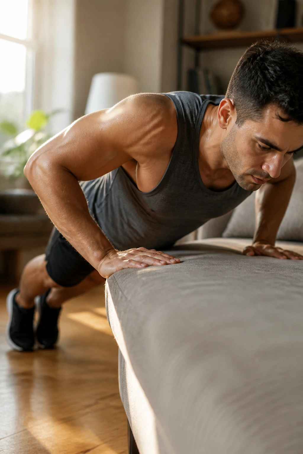 Person performing push-ups on a couch edge with a firm surface supporting the hands.