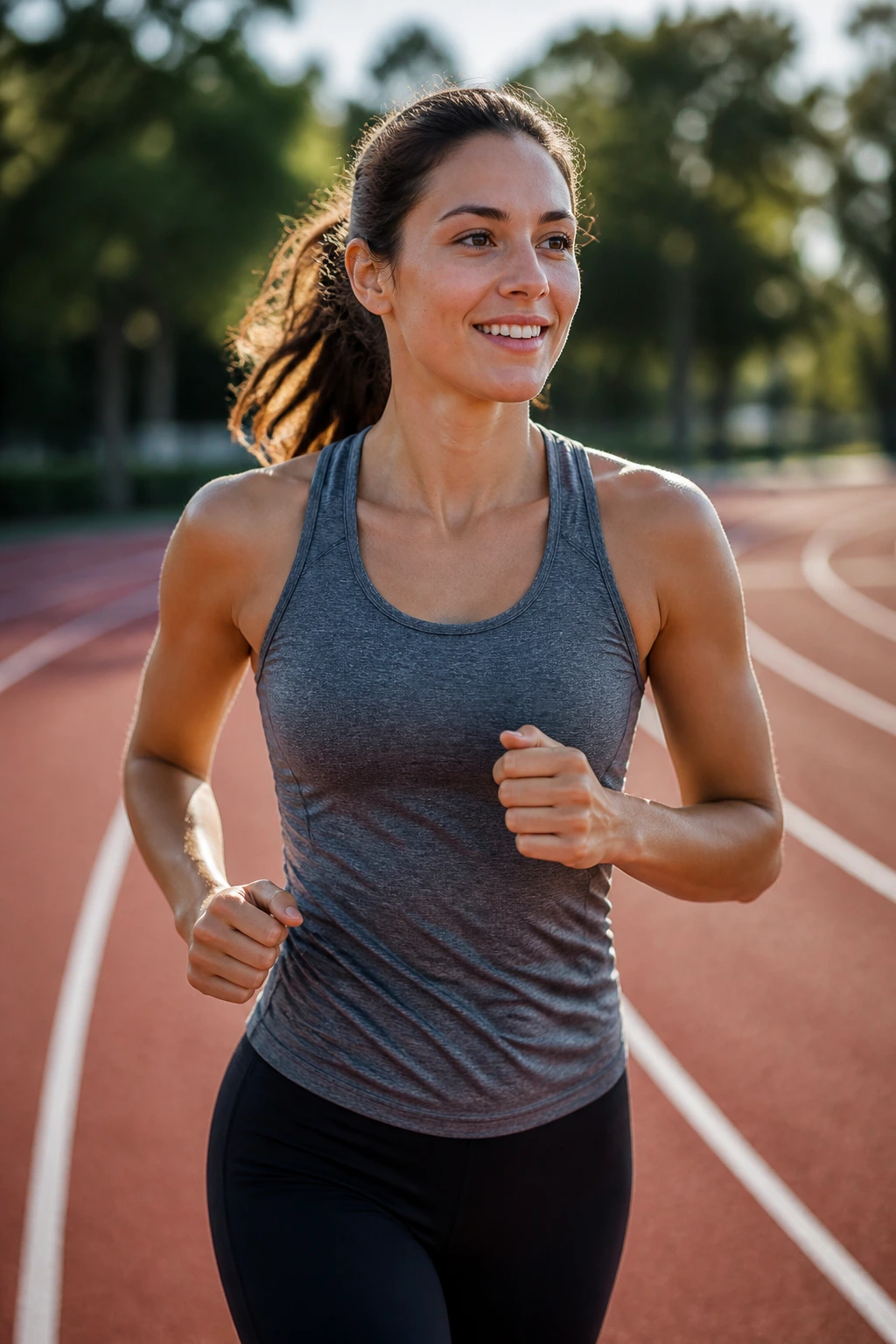 Medium close-up of a runner on a track during a couch-to-5K progression